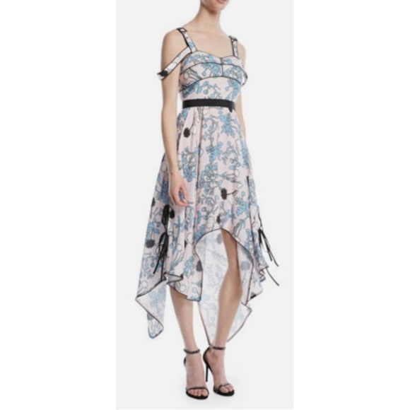 Self Portrait Asymmetric Pink Floral Print Midi A Line Dress, size 10 - Picture 13 of 14